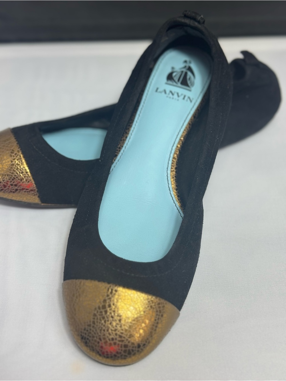 Lanvin Black Suede Ballet Flats with Gold Cap Toe and Light Blue Insole
